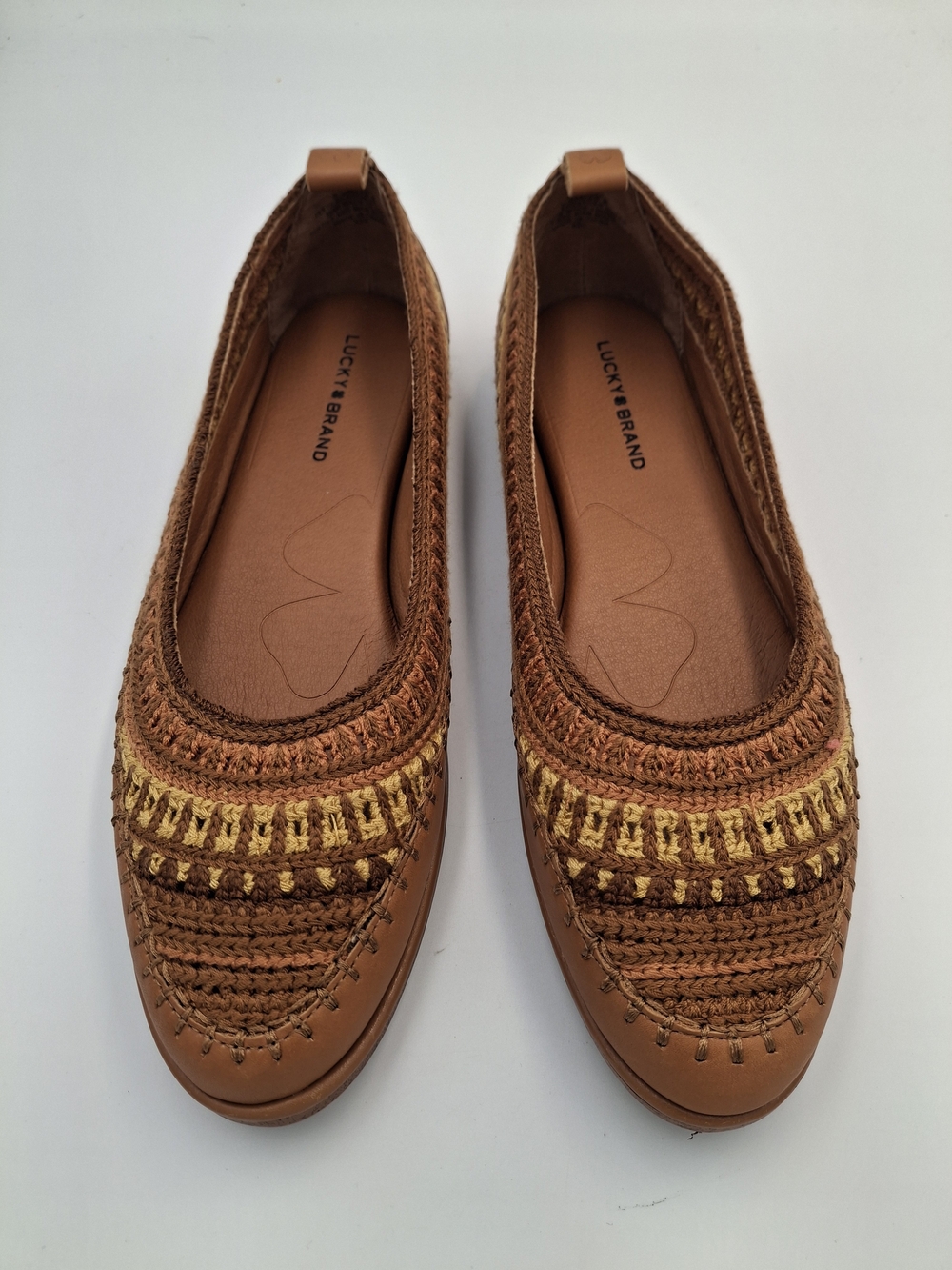 Lucky Brand Wylly Crochet Stitch Ballet Flats 8.5M Brown Tan Gold Boho